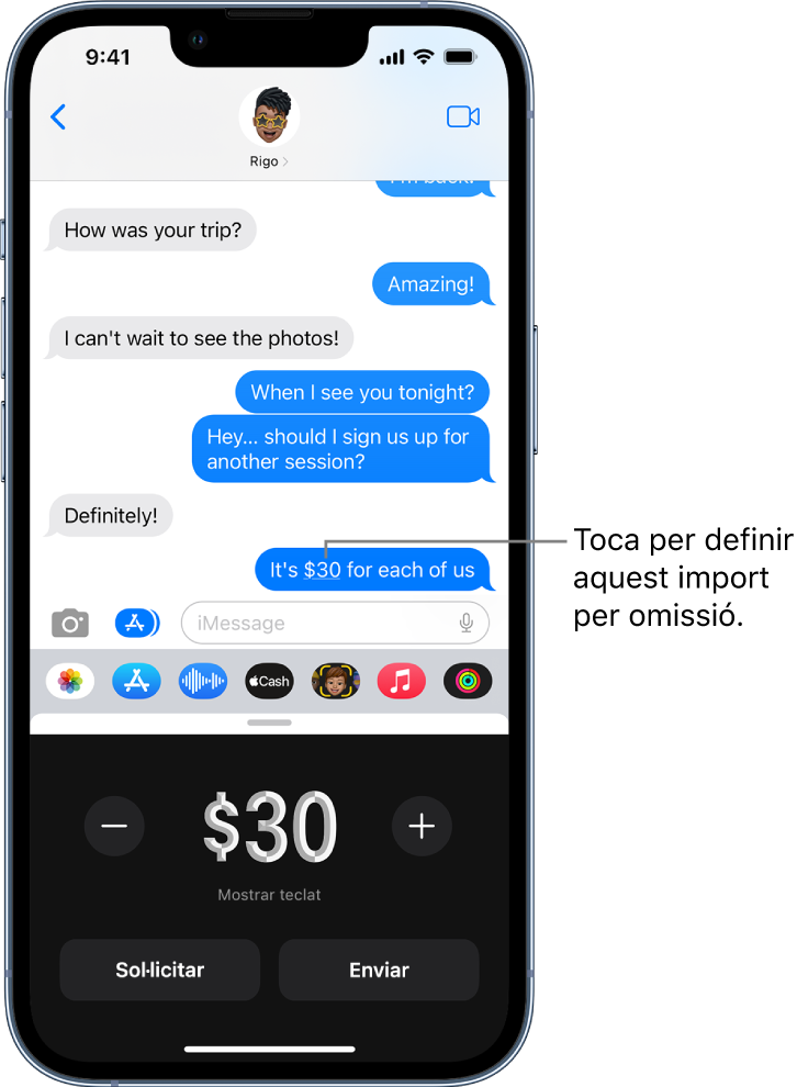 Conversa de l’iMessage amb l’Apple Pay obert a la part inferior.