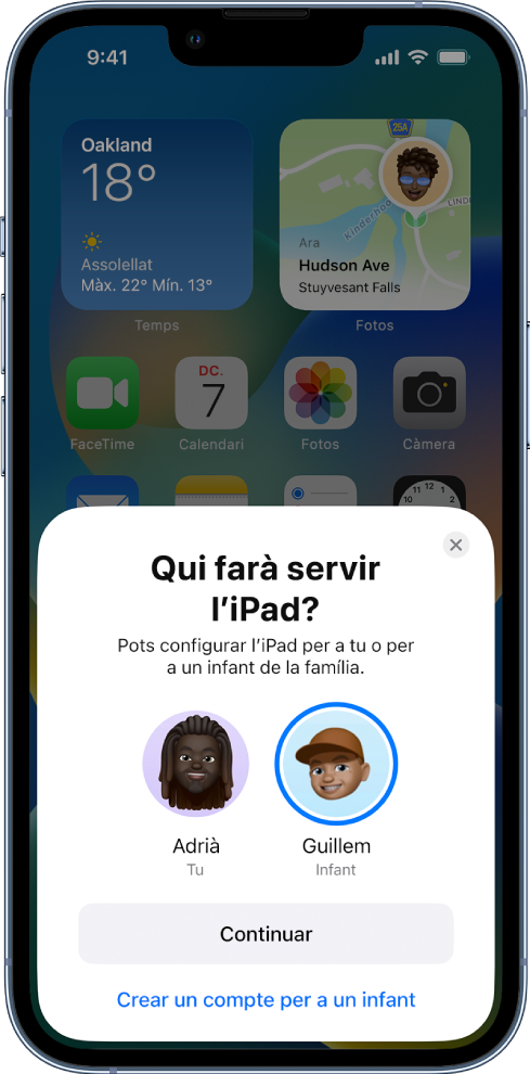 La pantalla de configuració de la funció d’inici ràpid, en què es pregunta qui utilitzarà l’iPad: Adrià (tu) o Guillem (el nen).