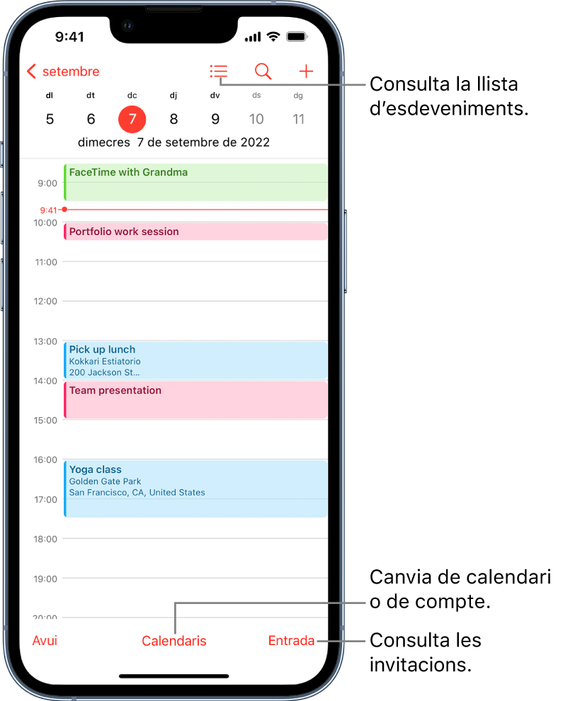 Calendari en vista diària on es mostren els esdeveniments del dia. El botó “Calendaris”, al capdavall de la pantalla, et permet canviar els comptes del calendari. El botó “Entrada” de l’angle inferior dret et permet veure les invitacions.