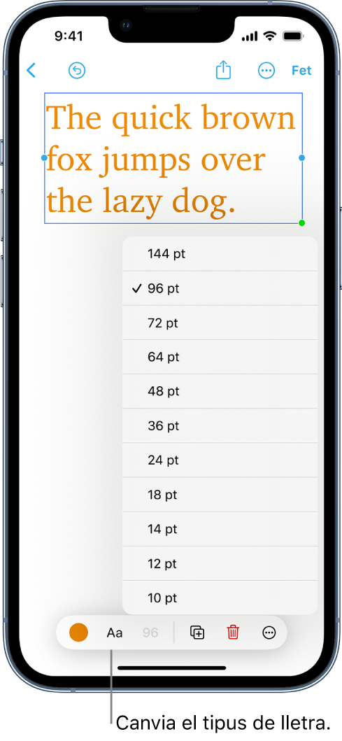 Text seleccionat amb les eines de format visibles a sota, en una pissarra de l’app Freeform.