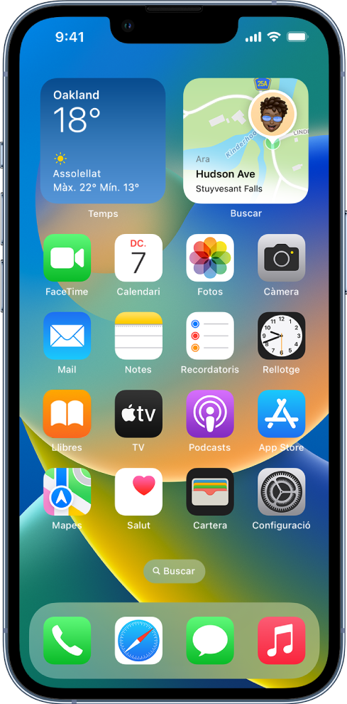 La pantalla d’inici de l’iPhone amb un giny de l’app Temps a la part superior de la pantalla.