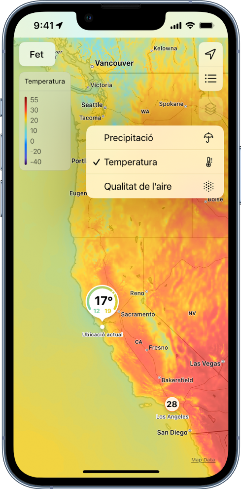 Un mapa de la temperatura de la teva zona ocupa tota la pantalla. A l’angle superior dret, de dalt a baix, hi ha els botons “Ubicació actual” i “Ubicacions favorites”. Al mig de la pantalla hi ha un menú amb els botons següents per canviar la visualització de la pantalla: Temperatura, Precipitació i “Qualitat de l’aire”. A l’angle superior esquerre hi ha el botó “Fet”.