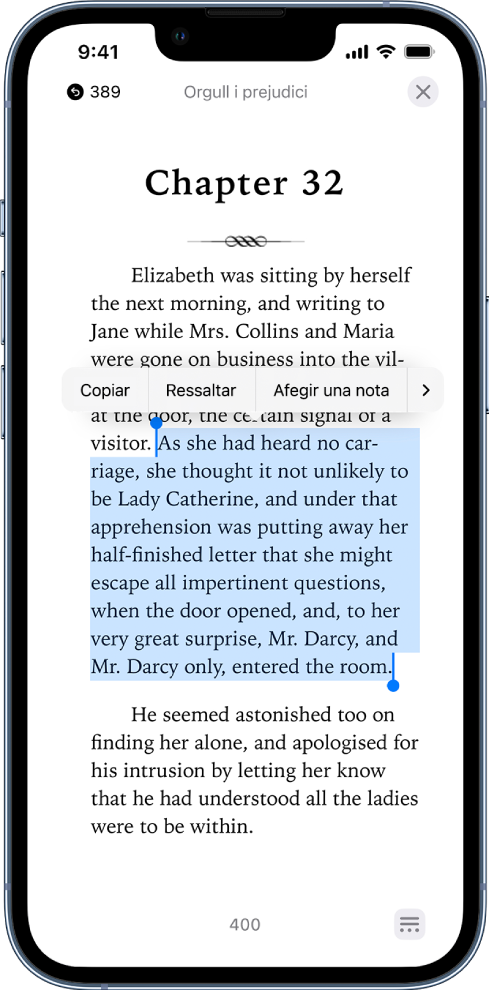 Pàgina d’un llibre a l’app Llibres amb una part del text de la pàgina seleccionada. Els controls Copiar, Ressaltar i “Afegir una nota” es troben a sobre del text seleccionat.