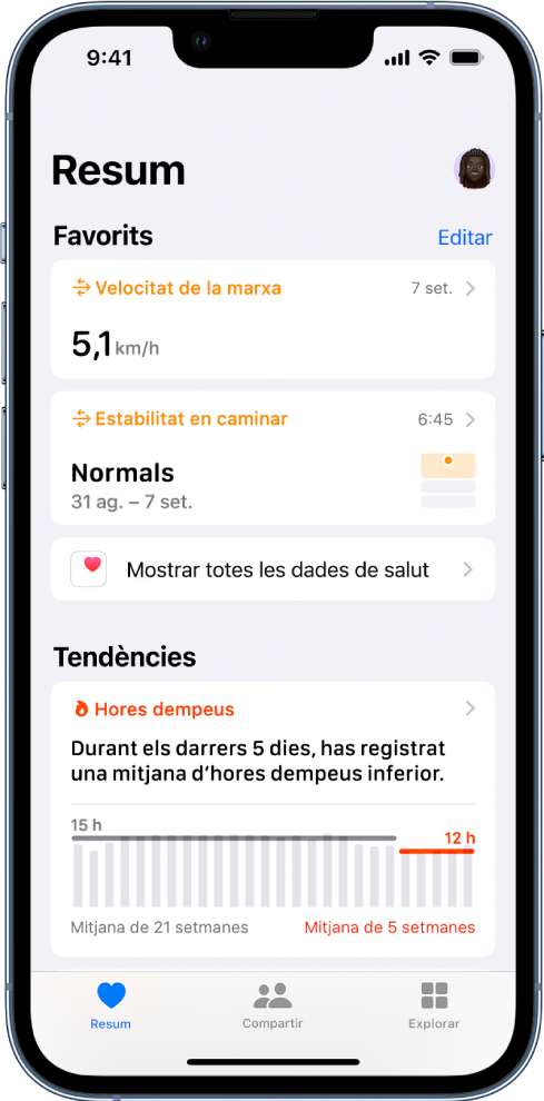 Pantalla Resum que mostra les opcions “Velocitat de la marxa” i “Estabilitat en caminar” a sota de Favorits i “Hores dempeus” a sota de Tendències.