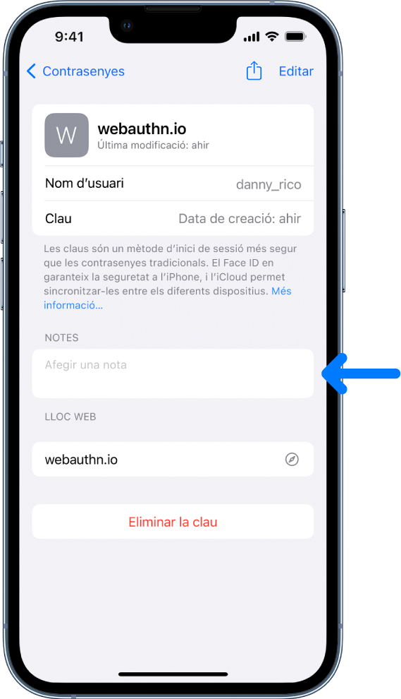 La pantalla d’una clau al clauer de l’iCloud, que mostra informació sobre la clau i un espai per afegir i veure notes.