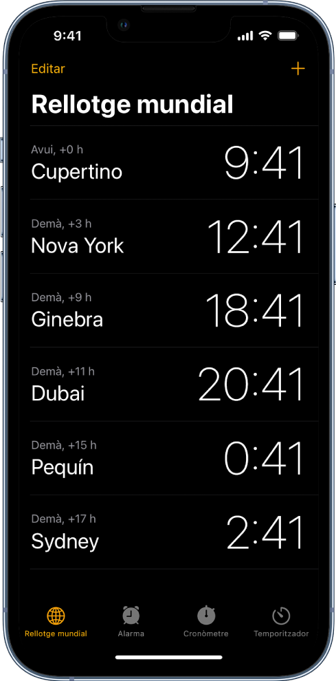 La pestanya Rellotge, que mostra l’hora de diverses ciutats. El botó “Editar” a prop de l’angle superior esquerre et permet reordenar o eliminar rellotges. El botó “Afegir” a prop de l’angle superior dret et permet afegir més rellotges. Els botons “Rellotge mundial”, Alarma, “Anar a dormir”, Cronòmetre i Temporitzador són al llarg de la part inferior.