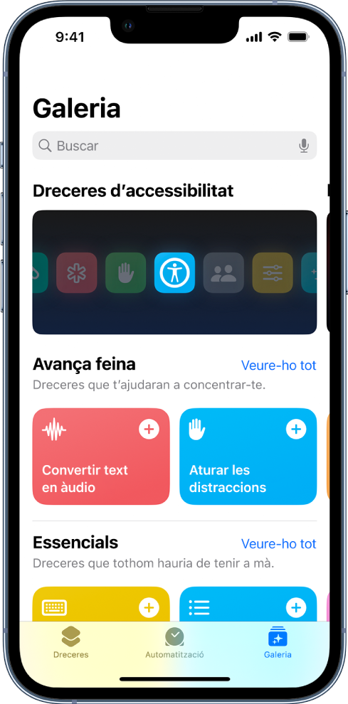La pantalla de la galeria de dreceres, amb una llista de dreceres per fer tasques diàries freqüents, com ara convertir text en àudio o aturar les distraccions. A baix de tot hi ha les pestanyes Dreceres, Automatització i Galeria.