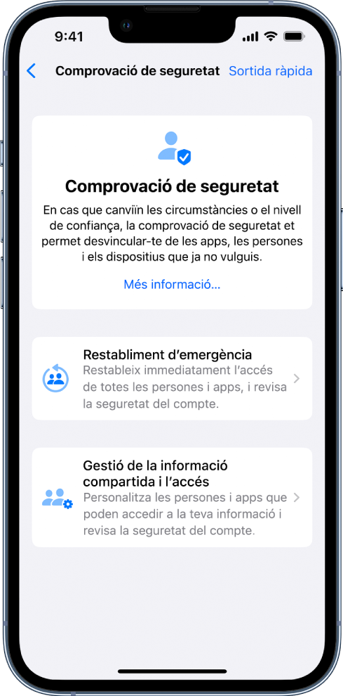 La pantalla de la comprovació de seguretat, en què es mostra informació sobre la funció i els botons “Restabliment d’emergència” i “Gestionar la compartició i l’accés”.