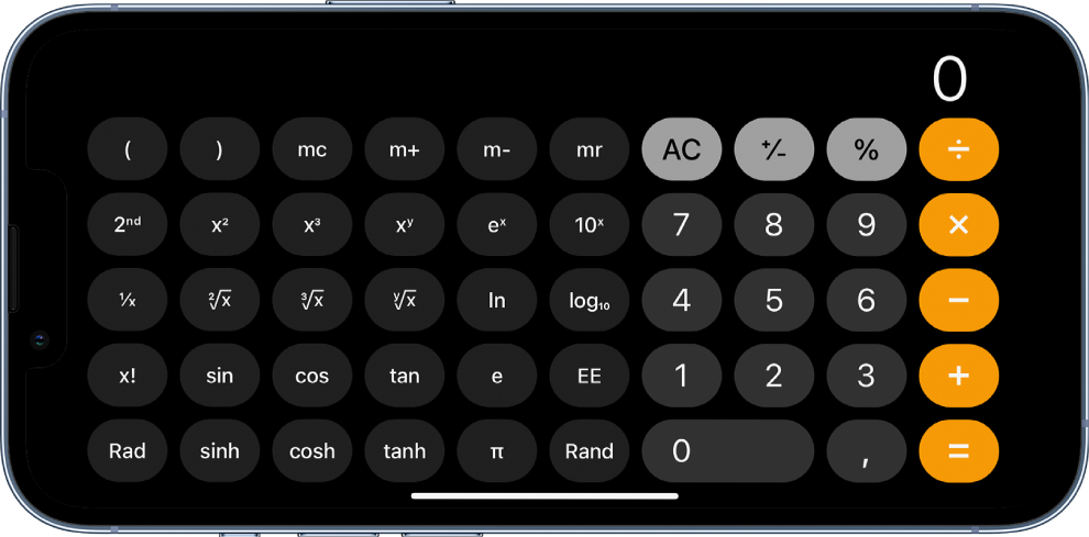 iPhone en orientació horitzontal que mostra la calculadora científica amb les funcions exponencial, logarítmica i trigonomètrica.