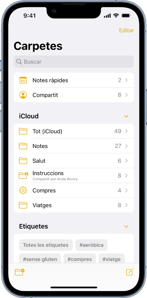 Llista Carpetes a l’app Notes amb el camp de cerca al capdamunt.