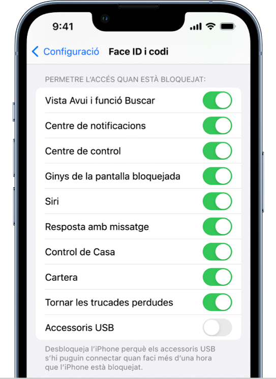La pantalla “Face ID i codi”, amb la configuració per permetre l’accés a funcions concretes quan l’iPhone està bloquejat.