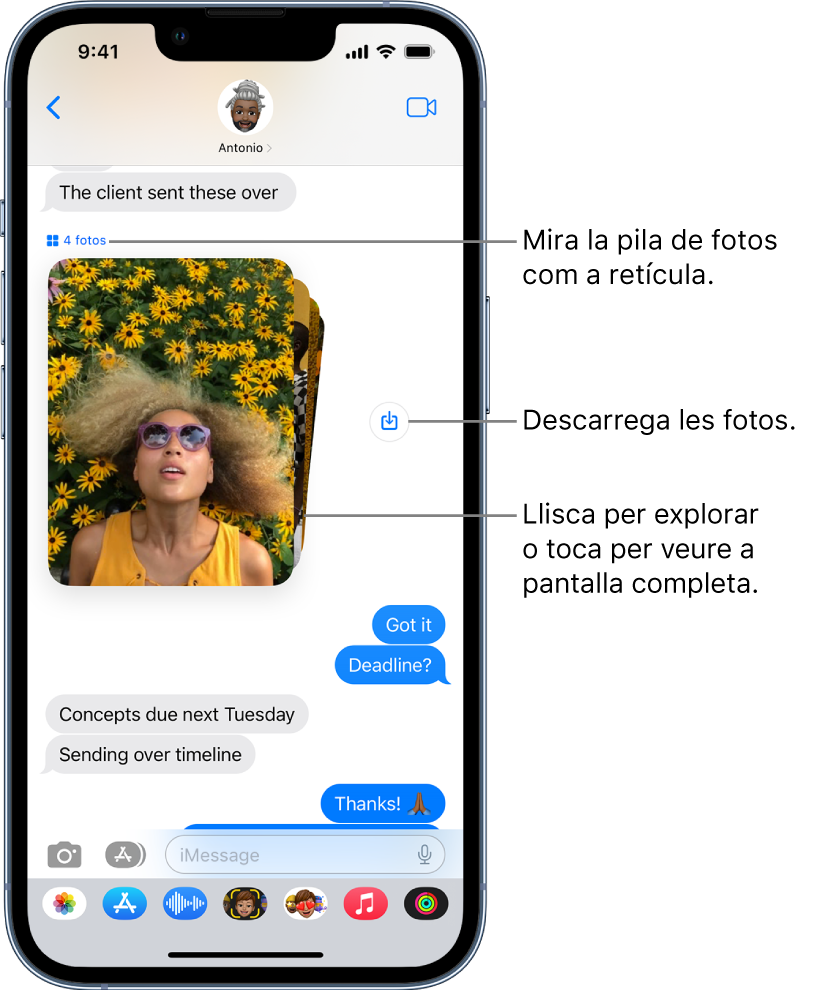 Conversa de l’app Missatges que inclou una col·lecció de fotos de persones i de flors al costat del botó “Desar”.