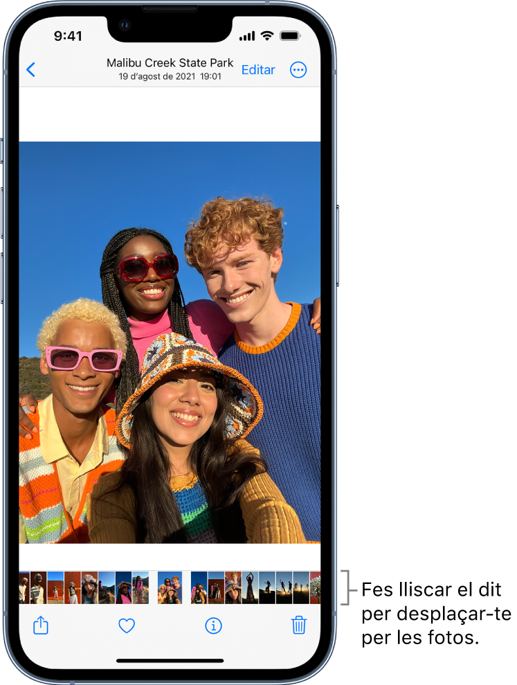 Foto amb miniatures d’altres fotos al llarg de la part inferior de la pantalla. A l’angle superior esquerre hi ha un botó per anar enrere que et porta a la vista que estaves explorant. A la part inferior es troben els botons Compartir, M’agrada i Paperera. A la part superior dreta hi ha el botó “Editar”.