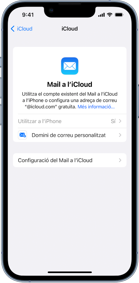 A la meitat superior de la pantalla del Mail a l’iCloud, hi ha activada l’opció “Utilitzar a l’iPhone”. A sota, hi ha les opcions per configurar un domini de correu personalitzat i el Mail a l’iCloud.
