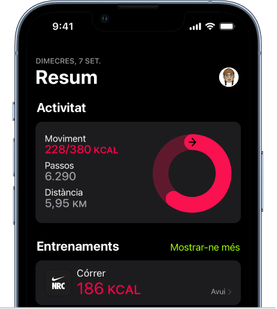 Pantalla de resum de l’app Fitnes que mostra les àrees Activitat i Entrenaments.