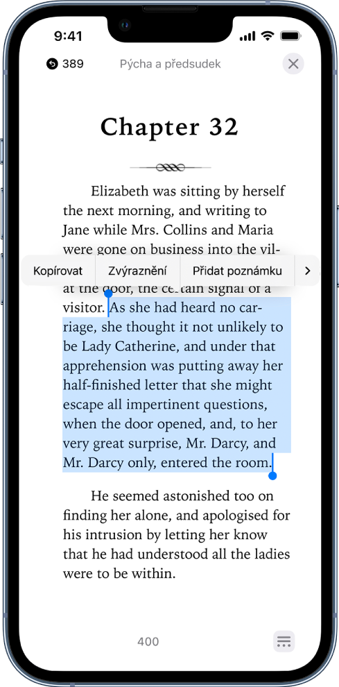 Stránka knihy v aplikaci Knihy s vybranou částí textu na stránce. Nad vybraným textem se zobrazují volby Kopírovat, Zvýraznit a Přidat poznámku.