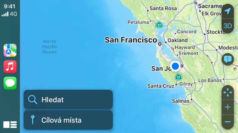 Systém CarPlay s ikonami Mapy, Hudba a Zprávy na levé straně a s mapou nejbližšího okolí napravo