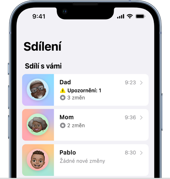 Obrazovky Sdílení se třemi lidmi, kteří s vámi sdílejí data