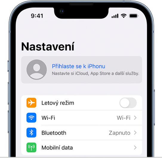 Obrazovka Nastavení s vybranou volbou Přihlaste se k iPhonu