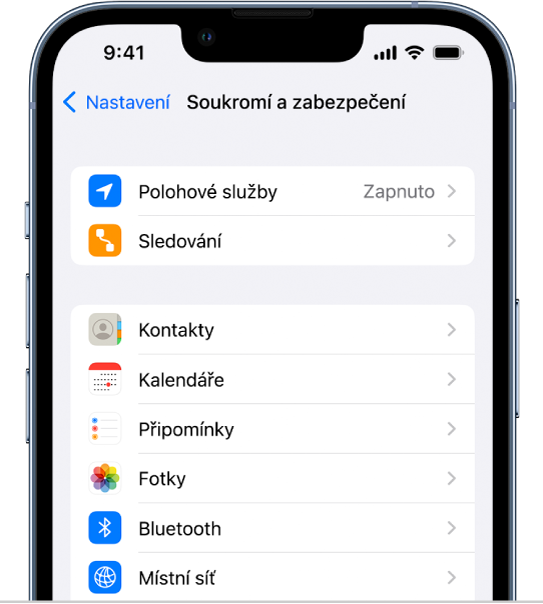 Obrazovka Soukromí a zabezpečení v Nastavení