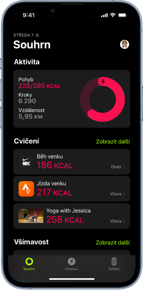 Obrazovka Souhrn v aplikaci Kondice s oddíly Aktivita, Cvičení a Všímavost. U dolního okraje displeje jsou vidět panely Souhrn, Apple Fitness+ a Sdílení.