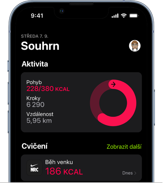 Souhrnná obrazovka v aplikaci Kondice s oddíly Aktivita a Cvičení