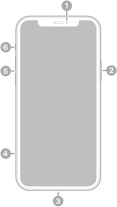 Čelní pohled na iPhone 12 Pro Nahoře uprostřed je vidět přední fotoaparát. Na pravé straně se nachází postranní tlačítko. Dole je umístěný konektor Lightning. Na levé straně zdola nahoru zásuvka pro SIM, tlačítka hlasitosti a přepínač Zvonění/ticho.