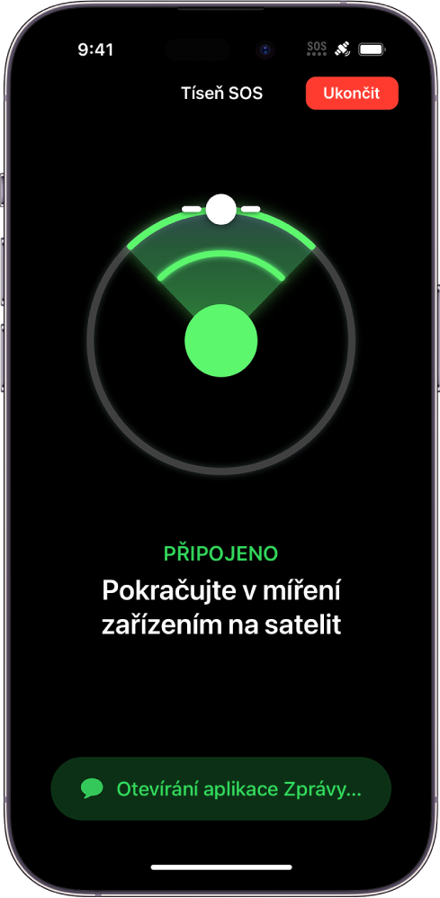 Obrazovka Tíseň SOS s grafikou informující uživatele, jak namířit iPhone na satelit. Pod obrázkem je vidět oznámení s textem „Otevírání aplikace Zprávy“.