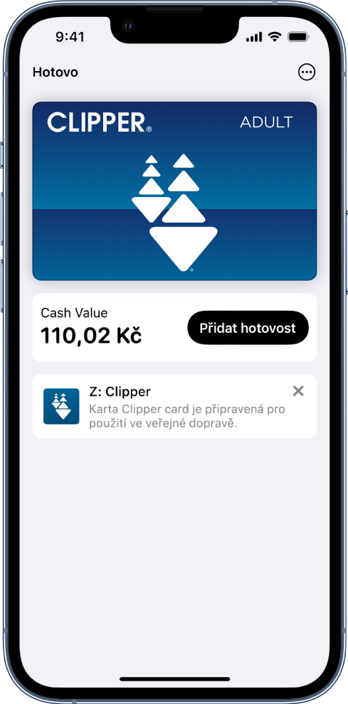 Jízdenková karta v aplikaci Peněženka. Zůstatek je zobrazený uprostřed, vedle tlačítka Přidat hotovost.