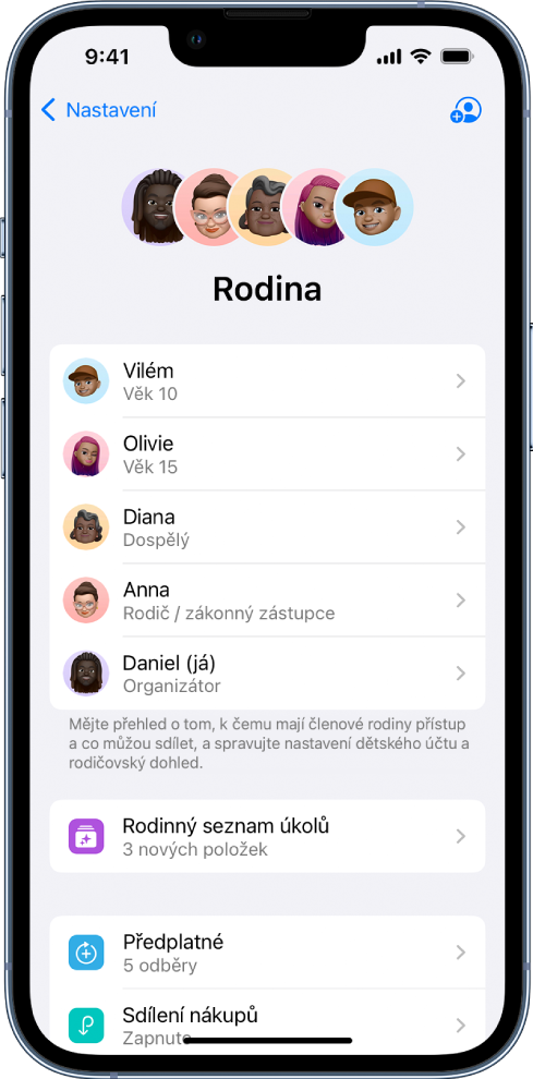 Obrazovka Rodinné sdílení v Nastavení. Jsou vidět jména pěti členů rodiny. Pod jmény se zobrazuje rodinný seznam úkolů a volby Předplatné, Sdílení nákupů a Sdílení polohy.