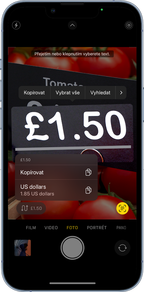 Obrazovka aplikace Fotoaparát s tlačítkem rychlé akce pro převod finanční částky v záběru fotoaparátu na jinou měnu