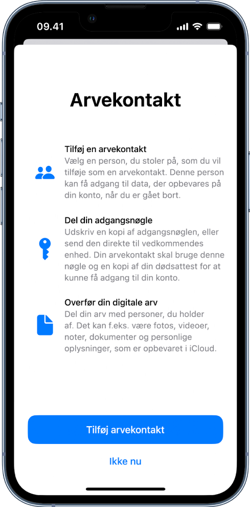 Skærmen Arvekontakt med oplysninger om funktionen. Knappen Tilføj arvekontakt er placeret nederst.