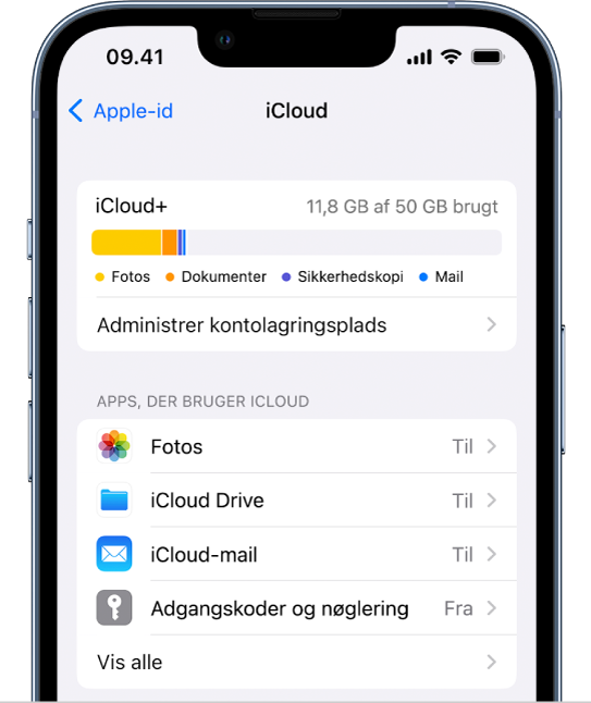 Skærmen iCloud-indstillinger viser iCloud-lagermåleren og en liste over apps og funktioner, herunder Fotos, iCloud Drive og iCloud-mail, som kan bruges med iCloud.