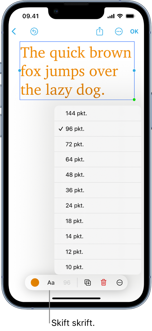 Tekst på en Freeform-tavle er valgt, og formateringsværktøjerne vises under teksten.