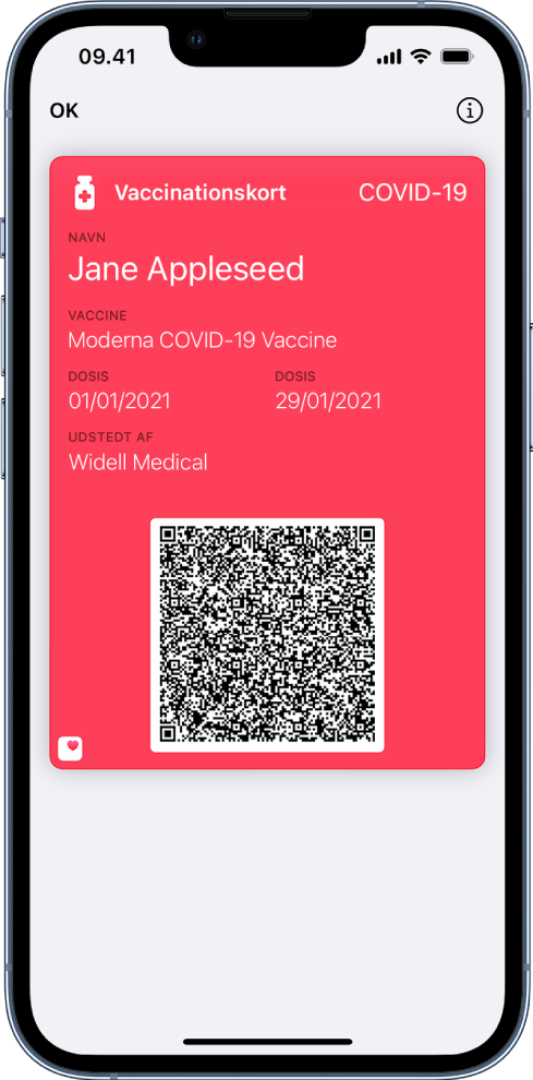 Et vaccinationskort i appen Wallet.