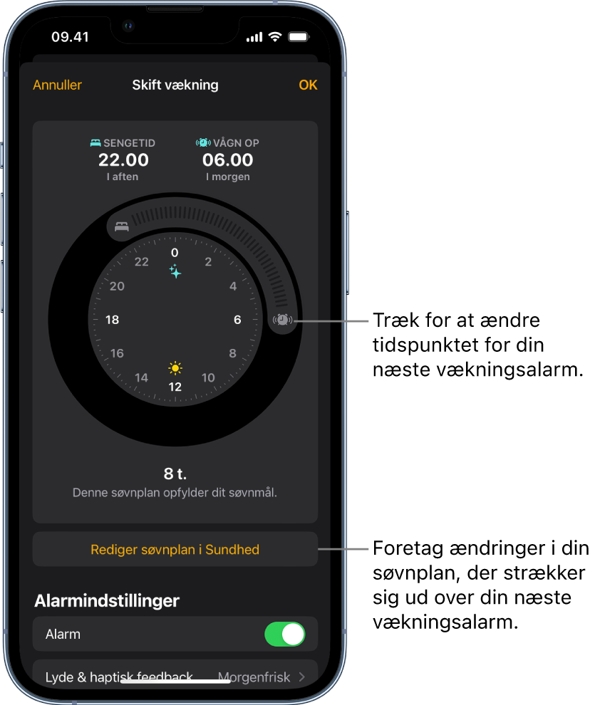 En skærm, der bruges til at ændre vækningsalarmen i morgen med knapper, der kan trækkes for at ændre sengetiden og tidspunktet for vækning, en knap til at ændre søvnplanen i appen Sundhed og en knap til at slå vækningsalarmen fra eller til.