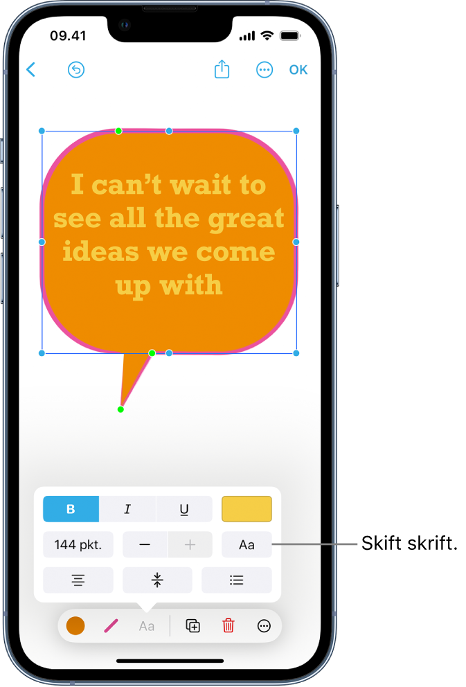 En taleboblefigur er valgt, og formateringsværktøjerne samt grønne og blå punkter vises. En lokalmenu med indstillinger til tekstformatering vises over formateringsværktøjerne.