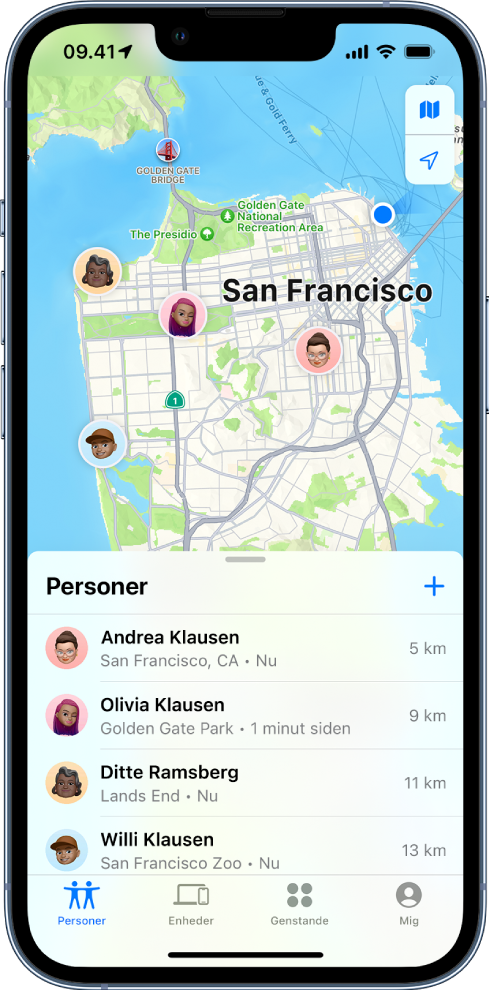 Skærmen Find viser listen Personer og personernes lokaliteter på et kort over San Francisco.