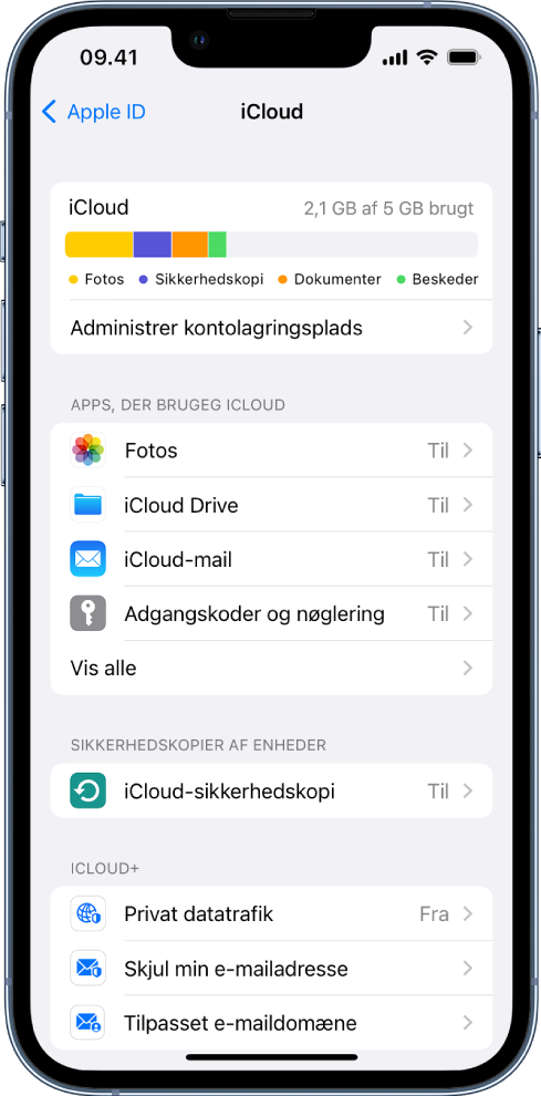 Indstillingsskærmen til iCloud med status for iCloud-lagringsplads og en liste over apps og funktioner, herunder Fotos og Mail, som kan bruges med iCloud.