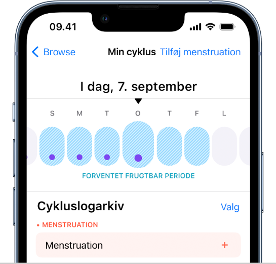 Skærmen Min cyklus med en tidslinje tæt på den øverste del af skærmen viser en forventet frugtbar periode.