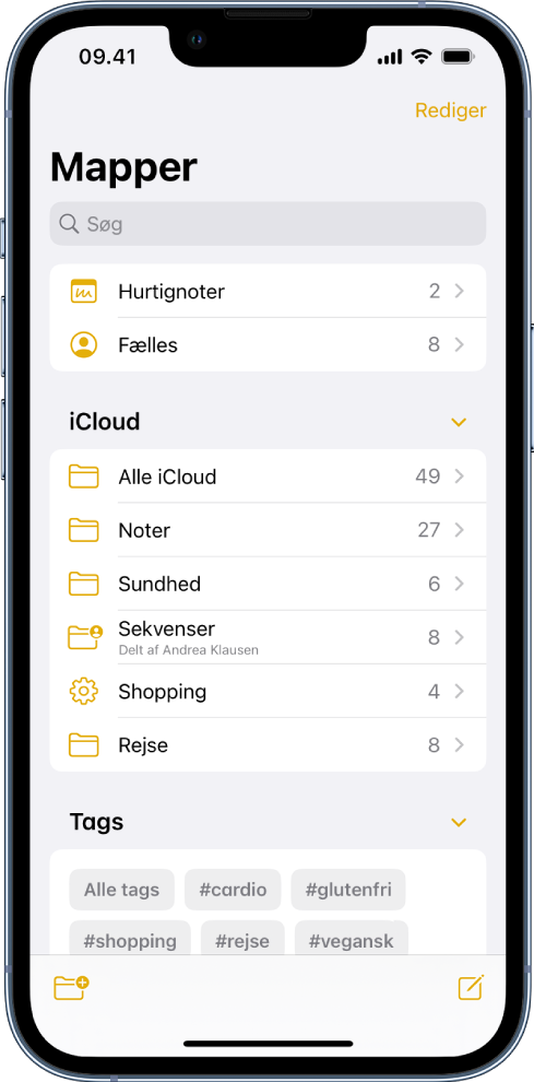 Mappelisten med oversigten over tags nederst.