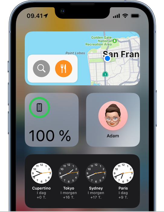 Widgetten Kort og andre widgets på en iPhone-skærm.