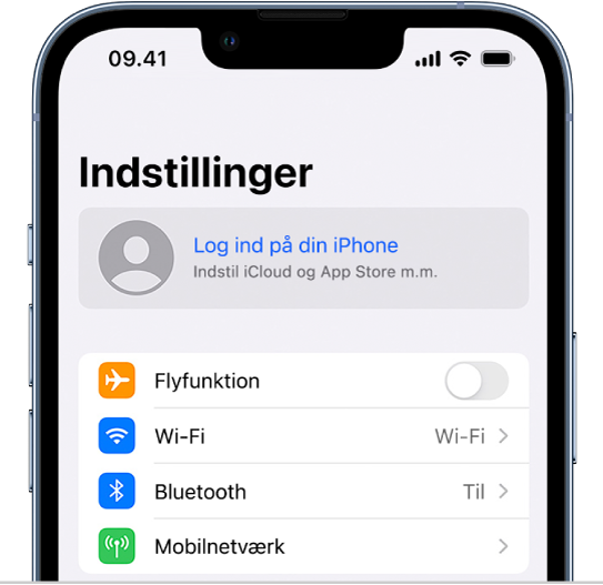 Indstillingsskærmen med Log ind på din iPhone valgt.