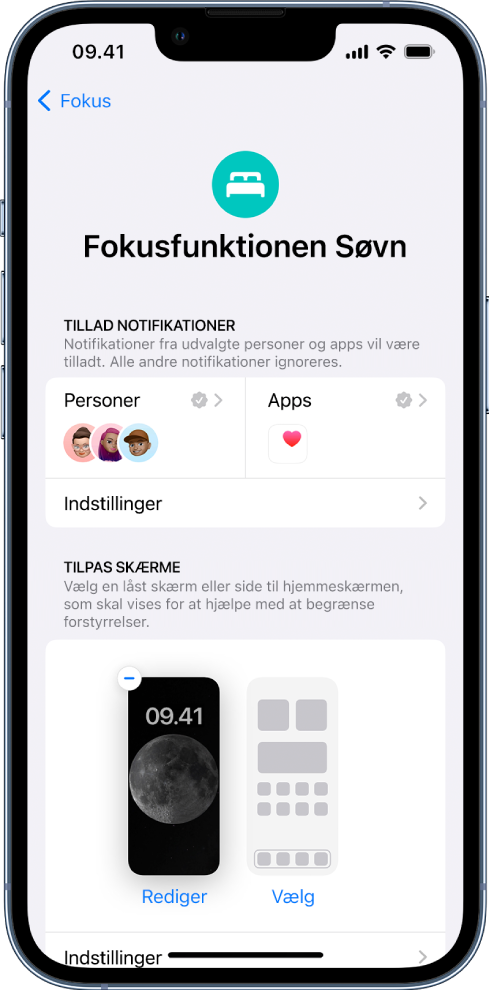 Skærmen med fokusfunktionen Søvn viser tre personer og en app, der må sende notifikationer.