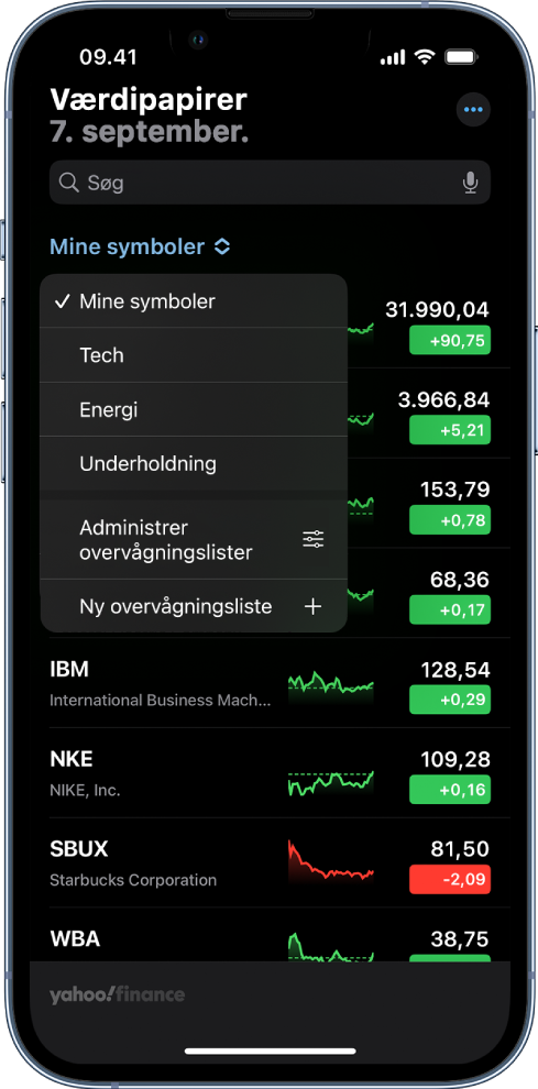 En overvågningsliste viser en liste med forskellige værdipapirer. Alle værdipapirer på listen viser fra højre til venstre symbolet og navnet for værdipapiret, et diagram over kursudviklingen, prisen på værdipapiret og prisændringer. Overvågningslisten Mine symboler er valgt øverst på skærmen, og de følgende overvågningslister og muligheder er også tilgængelige: Teknologi, Energi, Underholdning, Administrer overvågningslister og Ny overvågningsliste.
