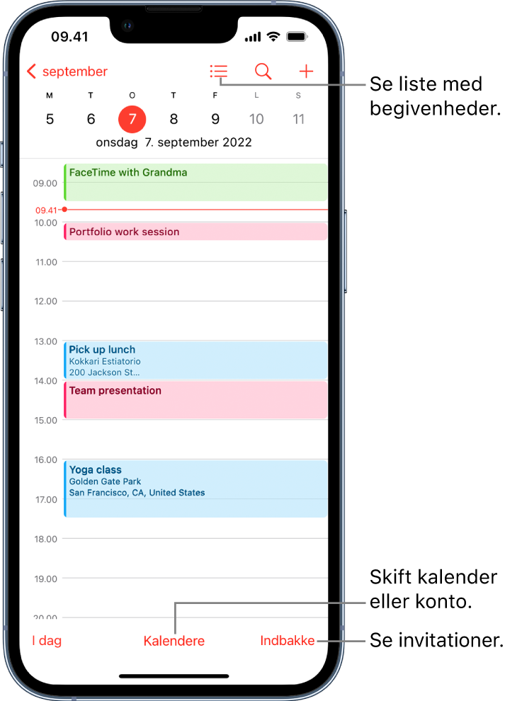 En kalender i Dagsoversigt med dagens begivenheder. Med knappen Kalendere nederst på skærmen kan du ændre kalenderkonti. Med knappen Indbakke nederst til højre kan du se invitationer.