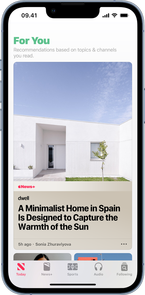 Afsnittet For You i feedet Today, der viser en historie fra et magasin, som er tilgængeligt gennem Apple News+.