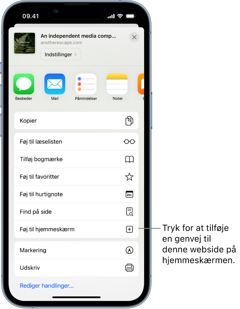 Der er trykket på knappen Del på et websted i Safari, og der vises en liste med muligheder. Nederst på skærmen findes muligheden Føj til hjemmeskærm. Tryk for at tilføje en genvej til dette websted på hjemmeskærmen.