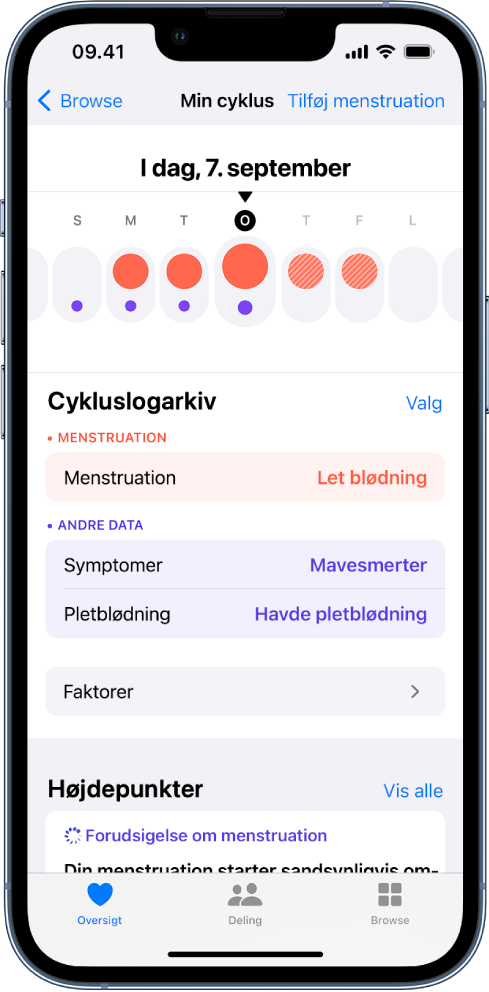 Øverst på skærmen Min cyklus vises tidslinjen for en uge. Udfyldte røde cirkler markerer de første 3 dage på tidslinjen, og lilla prikker markerer alle dagene. Under tidslinjen er der muligheder for at tilføje oplysninger om menstruationer, symptomer m.m.