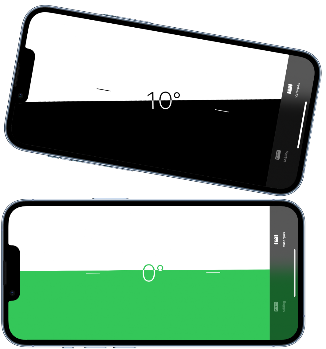 Vaterpasskærmen Øverst hælder iPhone i en vinkel på ti grader, nederst er iPhone i vater.